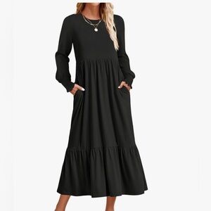 Everyday Black Long-Sleeve Tiered Maxi Dress with Pockets